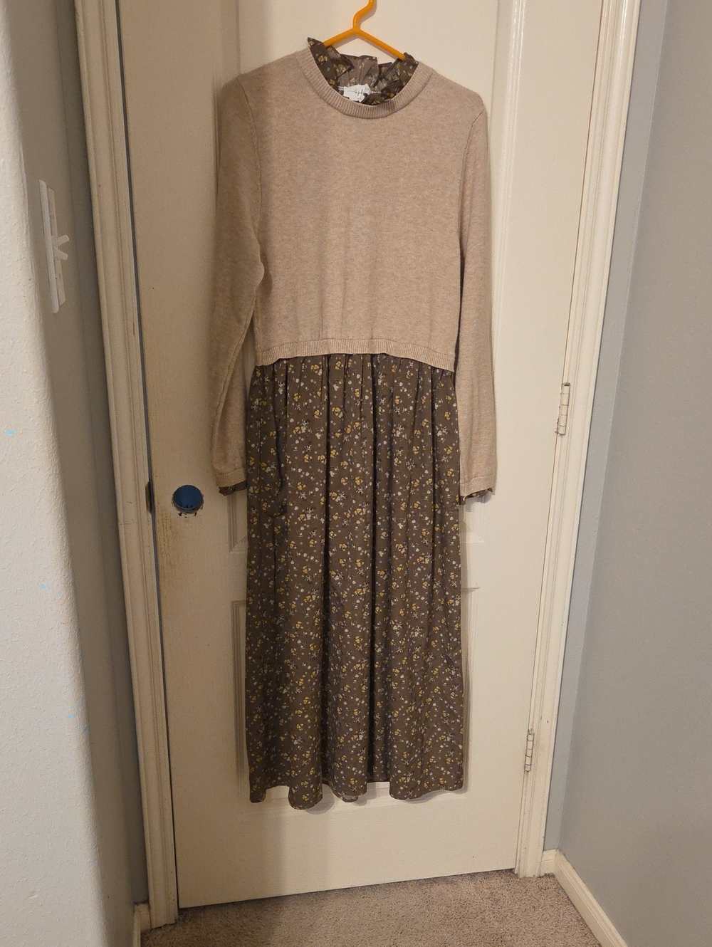 Beige and Olive Floral Maxi Dress with Knit Bodice
